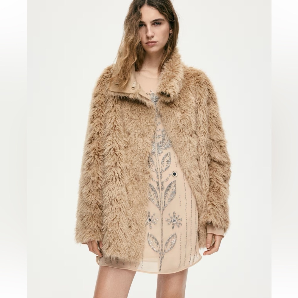 Stand-Up Collar Faux Fur Coat, H&M, Dark Beige, M - Picture 6 of 12
